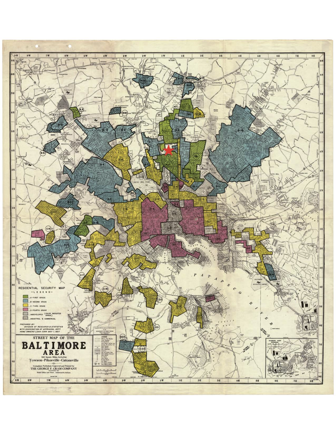 1937 Map of Baltimore with zones/neighborhoods marked in different colors