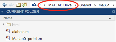Image of part of the MATLAB Online screen showing the folders with MATLAB Drive circled