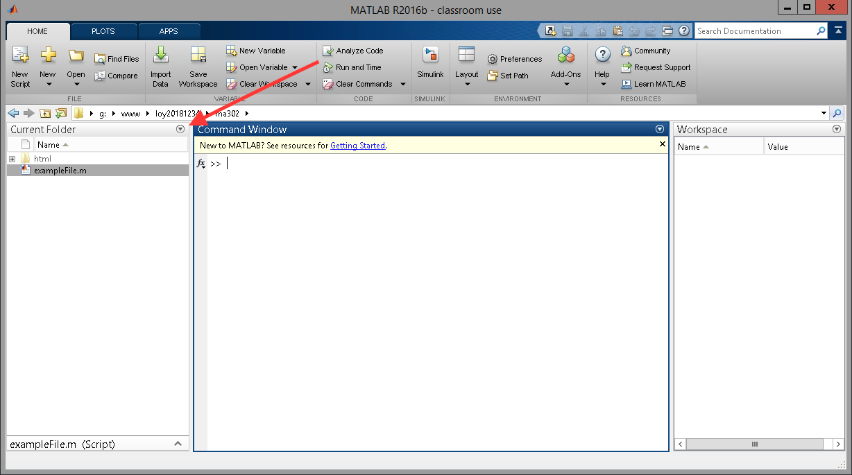 Screen shot of MATLAB with the down-arrow in the right corner of the Current Folder window circled